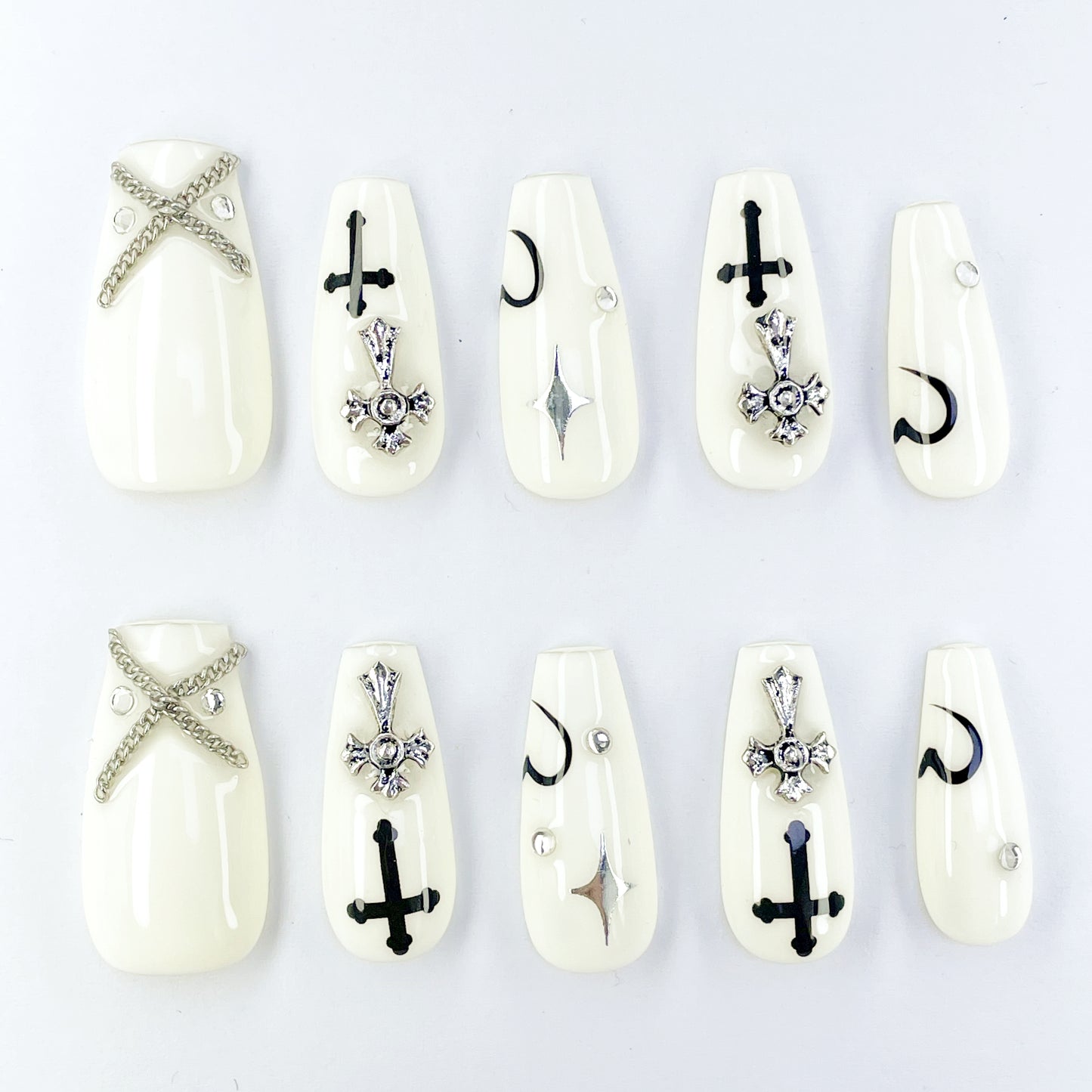 Ivory Gothic Coffin Medium Nails, Hand-painted Enamel Cross & Sterling Silver Choker Chains, Matte-Sheen Hybrid Gel - Edgy Elegance for Midnight Concerts & Vampire-themed Parties(109)