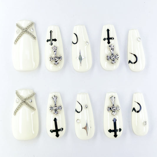 Ivory Gothic Coffin Medium Nails, Hand-painted Enamel Cross & Sterling Silver Choker Chains, Matte-Sheen Hybrid Gel - Edgy Elegance for Midnight Concerts & Vampire-themed Parties(109)