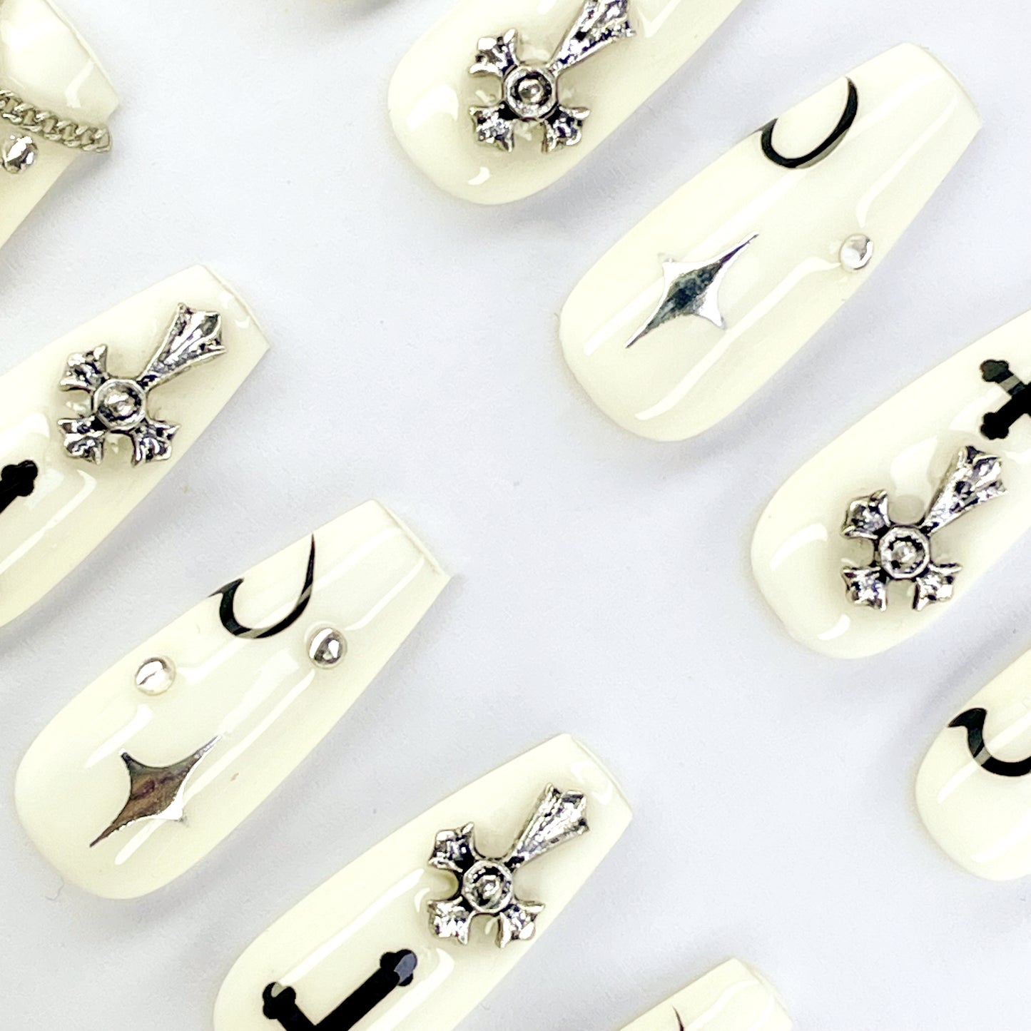 Ivory Gothic Coffin Medium Nails, Hand-painted Enamel Cross & Sterling Silver Choker Chains, Matte-Sheen Hybrid Gel - Edgy Elegance for Midnight Concerts & Vampire-themed Parties(109)