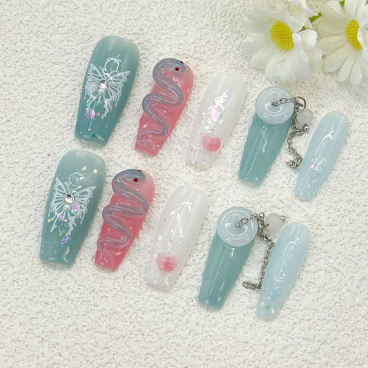 Pink and Blue Long Coffin Nails with Butterfly Details and 3D Snake Accents, Handmade – Perfect for a Bold and Whimsical Look(113)