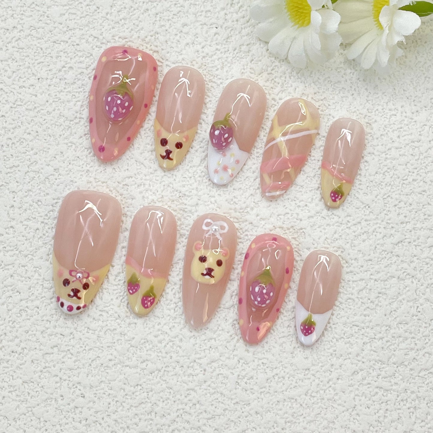 Strawberry Bear French Almond Nails with Cute Design, Handmade – Perfect for a Sweet and Playful Look(115)