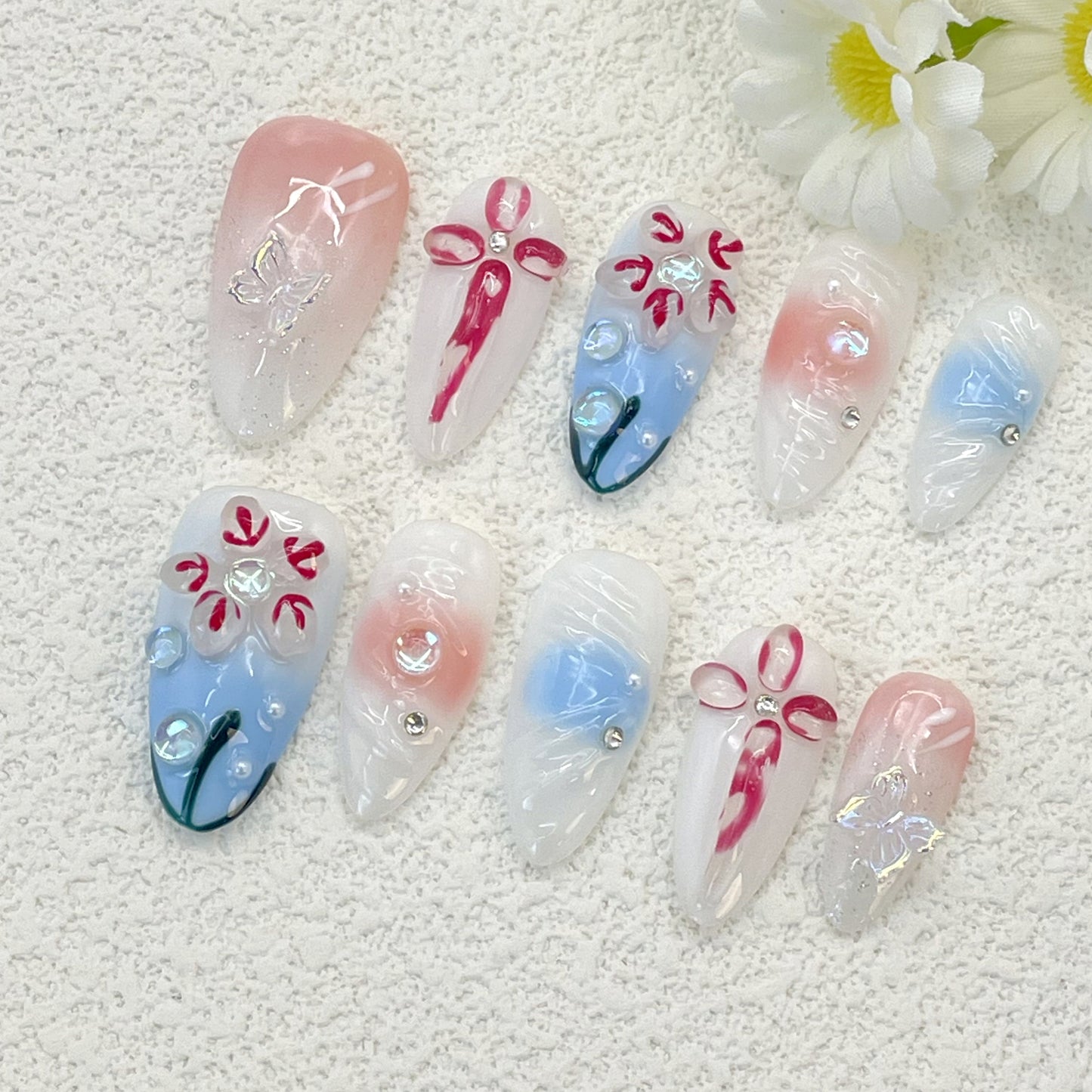 Pink and Blue Ombre French Almond Nails with 3D Floral and Butterfly Accents, Handmade – Perfect for a Dreamy and Romantic Look(117)