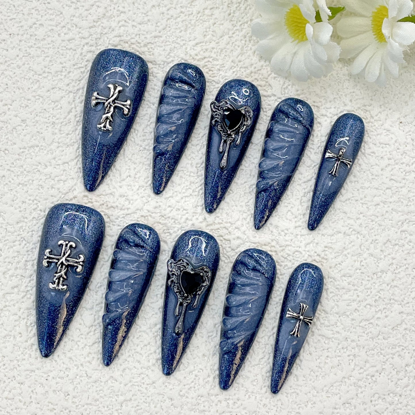 Blue Stiletto Nails with Cross and Black Heart Accents, Handmade – Perfect for a Bold and Stylish Look(119)