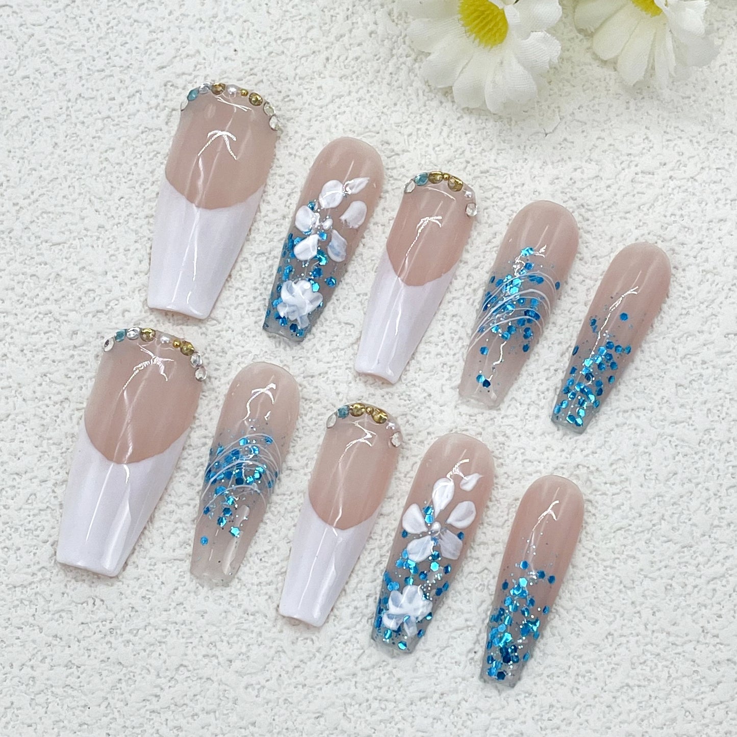 Long Coffin Nails with White French Tips and Blue Accents, Finished with Rhinestone Details, Handmade – Perfect for a Chic and Sparkling Look(121)
