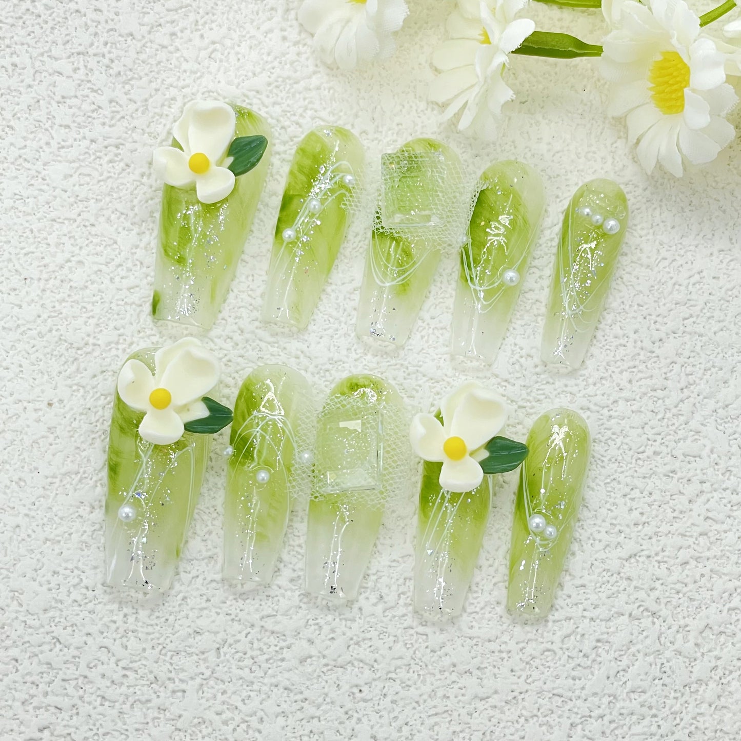 Sage Green Garden Stiletto Nails, Hand-sculpted 3D Magnolia & Micro-Pavé Diamond Dewdrops, Breathable Gel-X System - Bridal Editorial Nails for Botanical Weddings & Art Exhibitions(124)