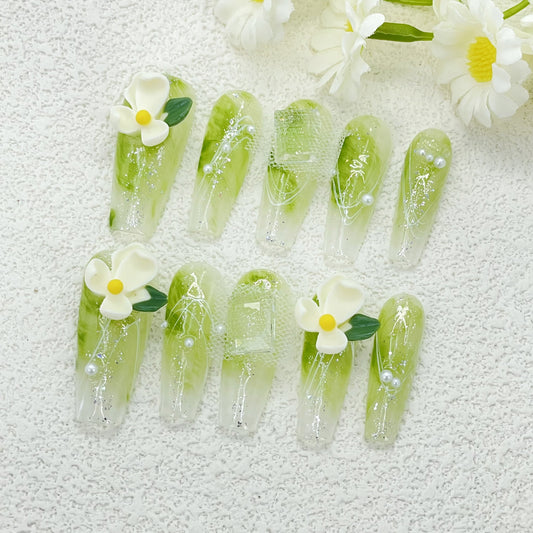 Sage Green Garden Stiletto Nails, Hand-sculpted 3D Magnolia & Micro-Pavé Diamond Dewdrops, Breathable Gel-X System - Bridal Editorial Nails for Botanical Weddings & Art Exhibitions(124)