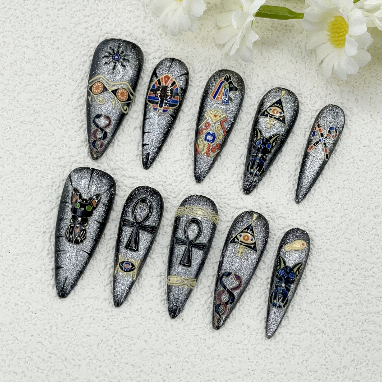 Long Stiletto Nails with Black Cat Eye, Hand-painted Black Cat Design, and Tribal Elements, Handmade – Perfect for an Edgy and Bold Look(127)
