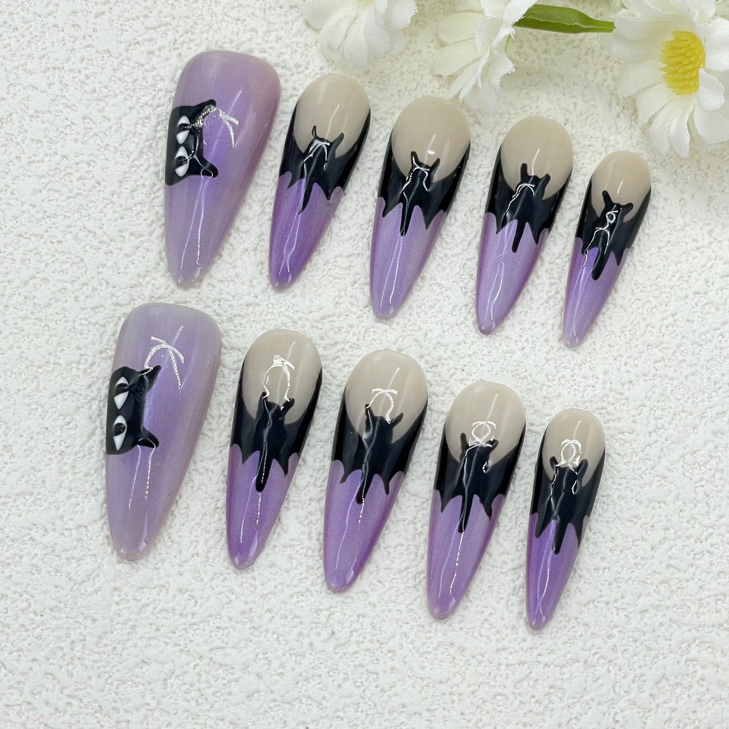 Long Stiletto Cat Eye Nails with Hand-painted Bat French Tips and Black Cat Design, Handmade – Perfect for a Mysterious and Playful Look(128)