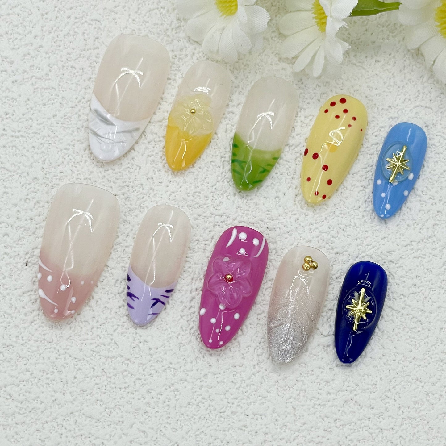 Dopamine-Inspired Colorful French Almond Nails, Handmade – Perfect for a Fun, Vibrant, and Mood-Boosting Look(130)
