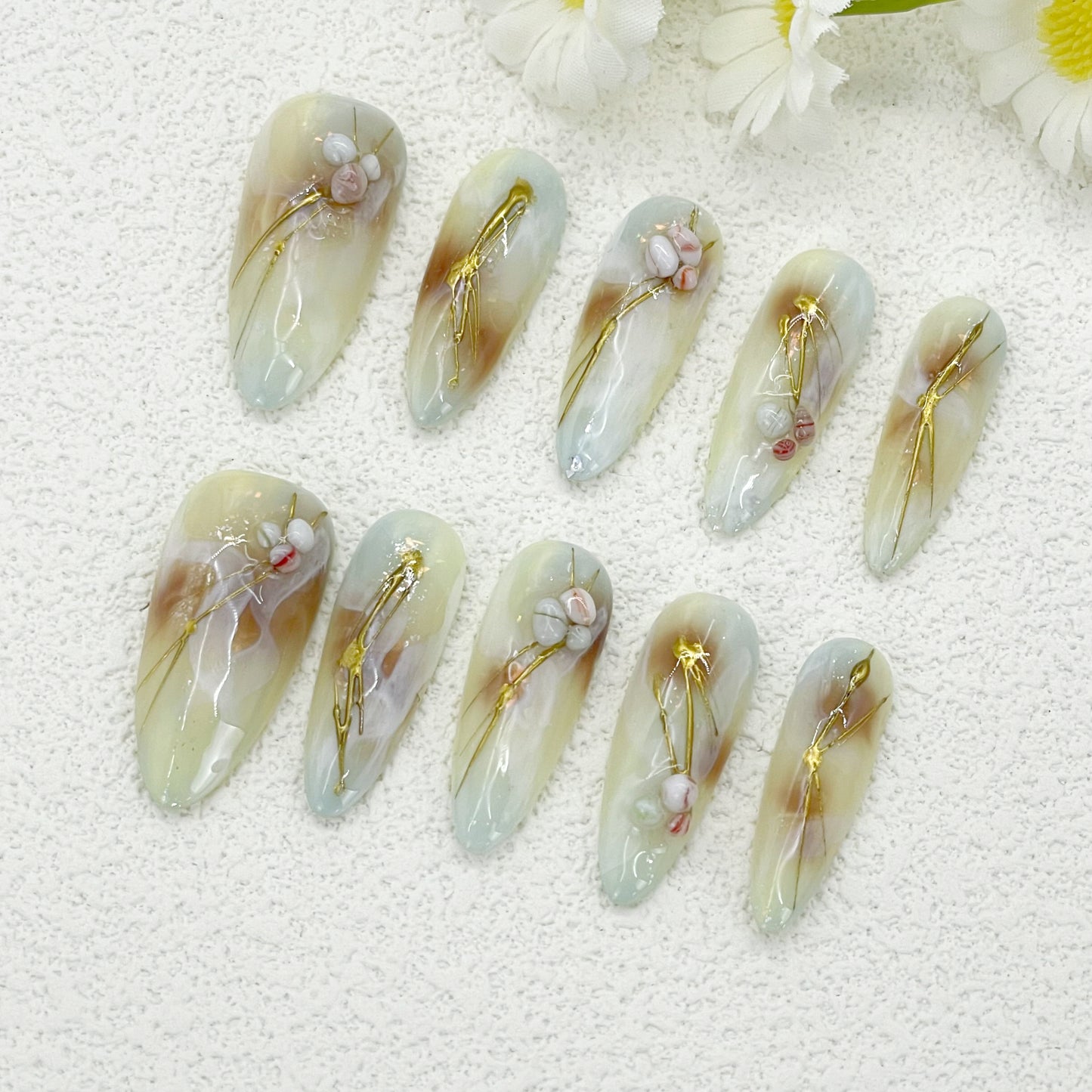 Elegant Creamy Green and Brown Marble Long Almond Nails with Gold Foil and 3D Floral Pearl Accents, Handmade – Perfect for a Soft and Artistic Look(131)