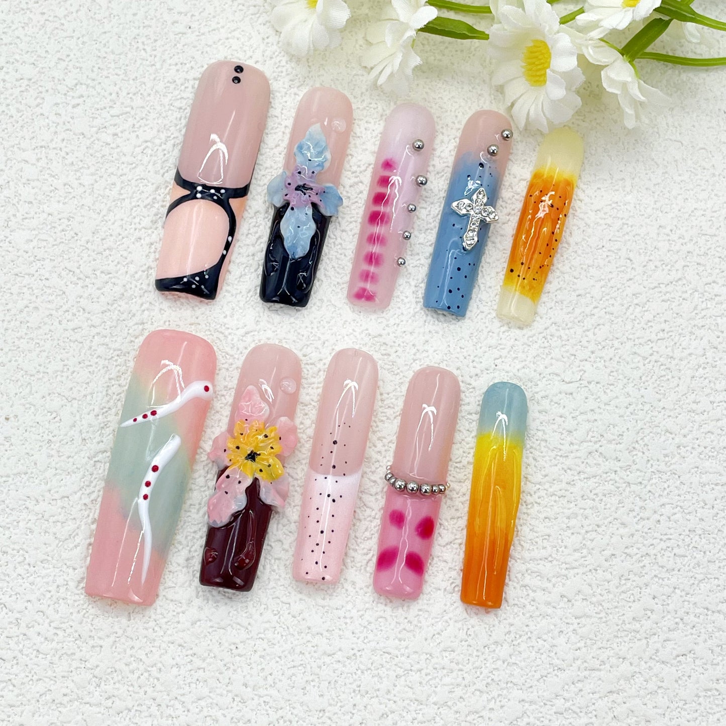 Tropical 3D Sculpted Extra Long Square Nails with Cross Charms | Bold Western Vibe(135)