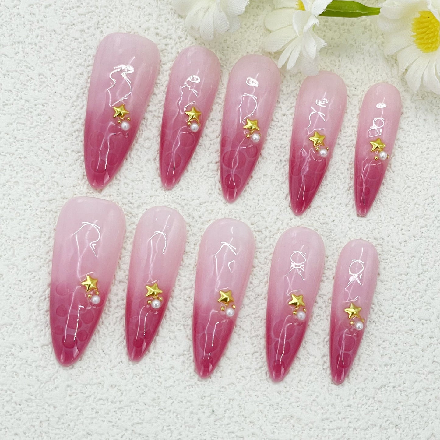 Pink Gradient Long Stiletto Nails with Gold Star Accents – Handmade for Special Occasions(136)
