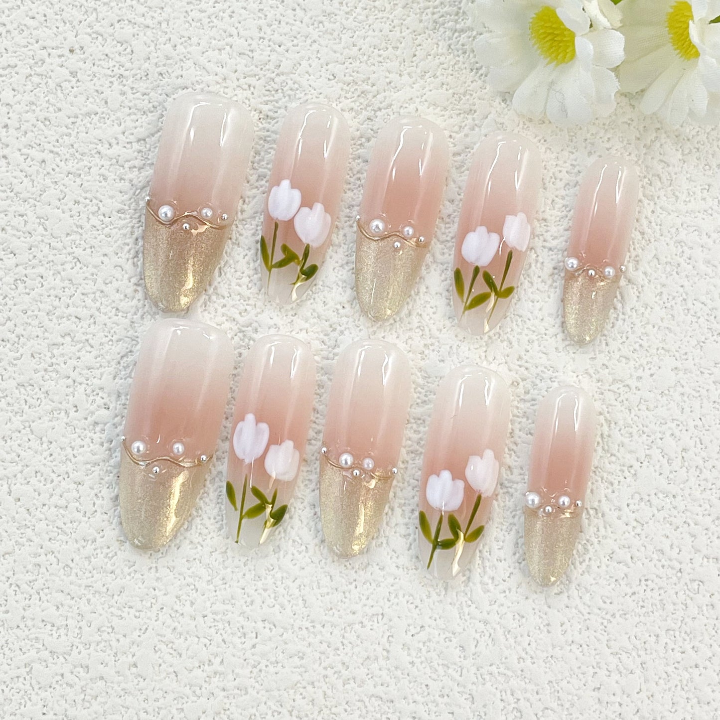 Almond Cat Eye French Nails with Fresh Flower Accents and Pearl Embellishments, Handmade – Elegant and Refreshing Vibes(141)
