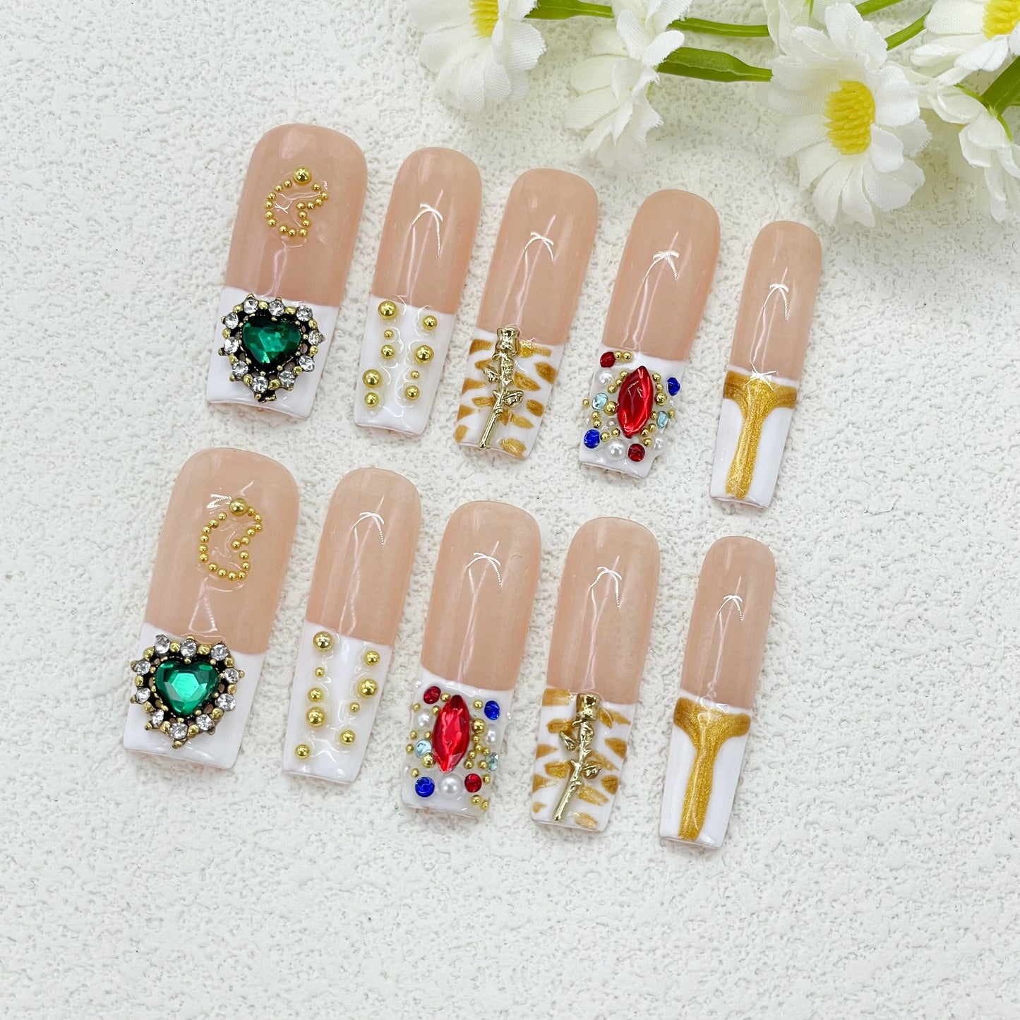 Luxurious French Rectangle Nails with Gemstone Accents, Handmade – Glamorous and Elegant Vibes(143)
