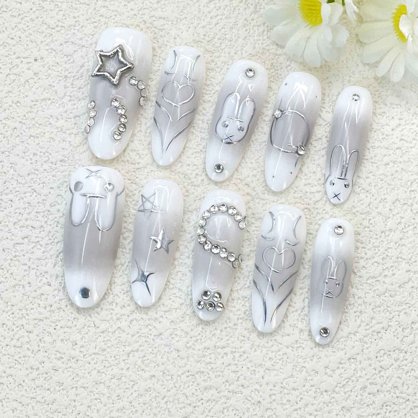 White Base with Gray Ombre, Hand-Painted Bunny, 3D Accents and Silver Outline, Handmade – Cute and Whimsical Vibes(145)