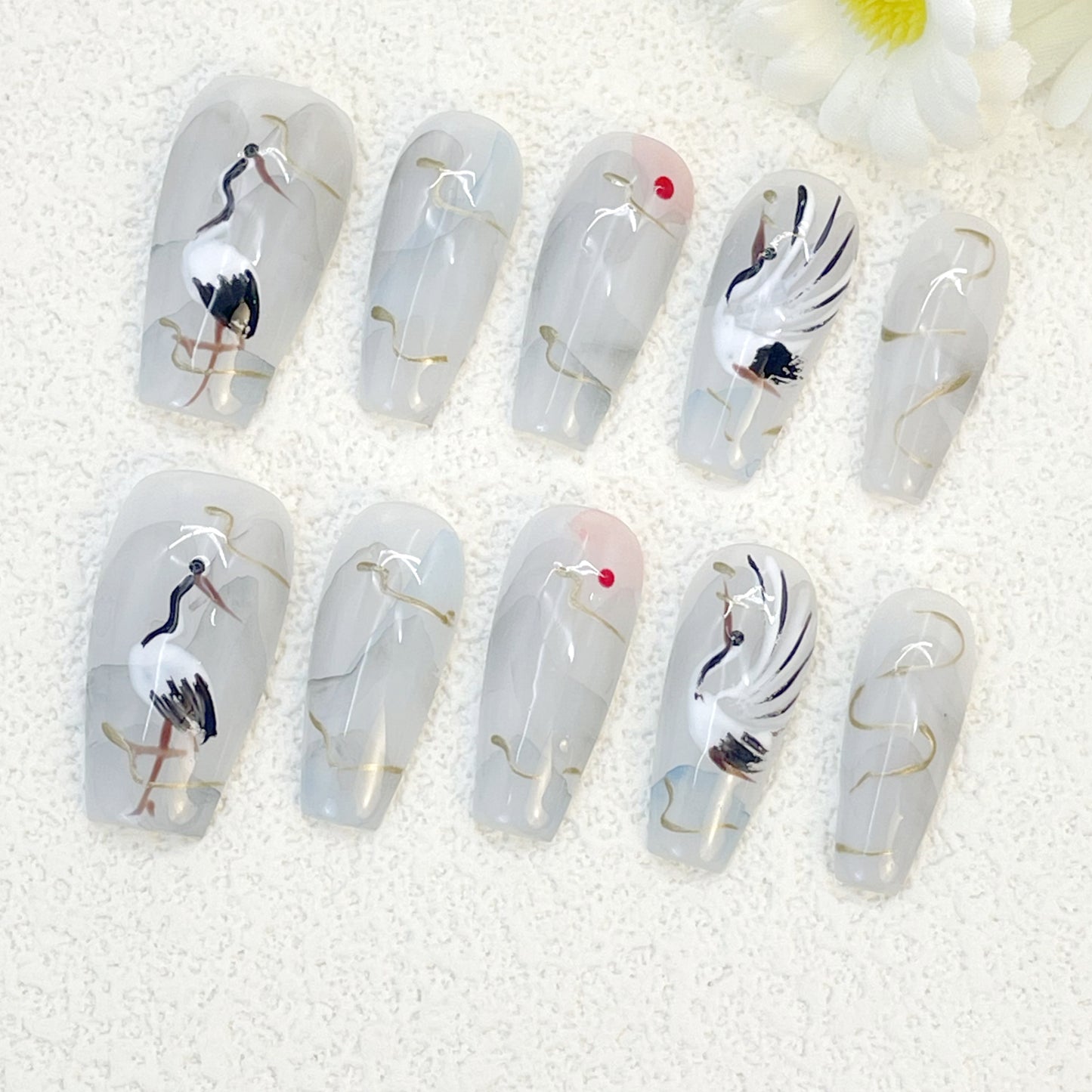 Hand-Painted Crane Nails with Marble Gray Base and Gold Accents, Coffin Shape, Handmade – Elegant and Oriental Vibes(146)