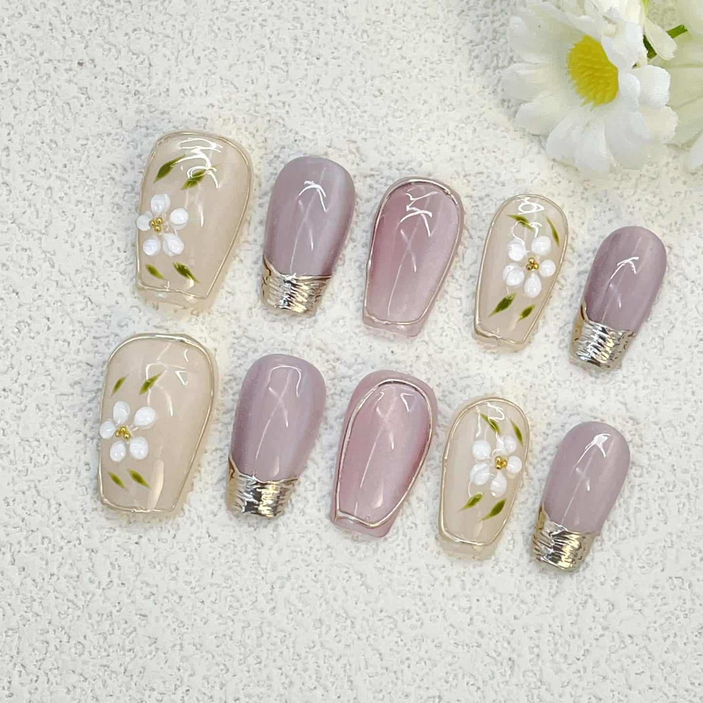 Pink Cat Eye Short Coffin Nails with Hand-Painted Cat Eyes and Gold Outlines, Handmade – Sweet and Artistic Charm(151)