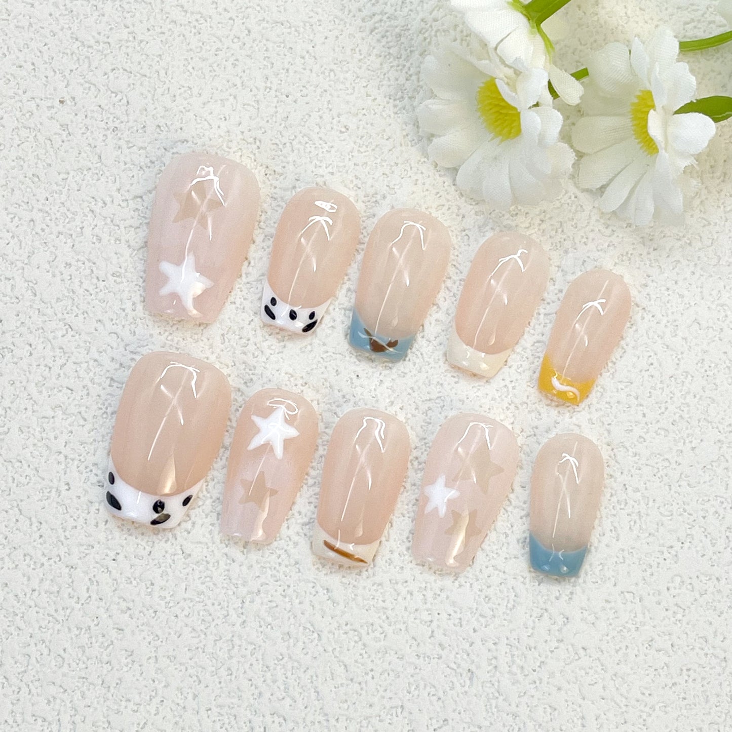 Short Press-On Nails – Nude Pink Base with Star Decals, Colorful French Tips & Polka Dots, Cute & Playful Style, Handmade(161)
