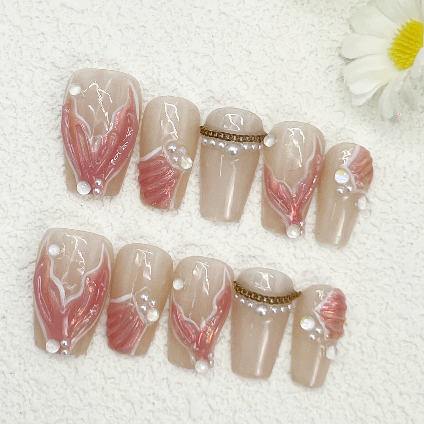 Short Coffin Press-On Nails – Nude & Pink Mermaid Tail Design with Pearls and Gold Chains, Glossy Elegant Handmade Nails(171)