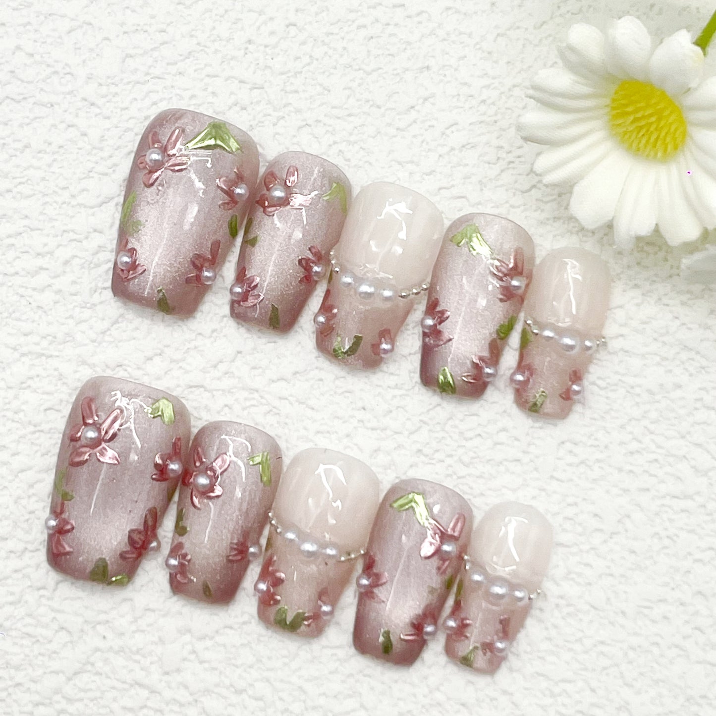 Short Coffin Press-On Nails – Pink & White Floral Design with Pearls, Elegant Spring Blossom Handmade Nails(173)
