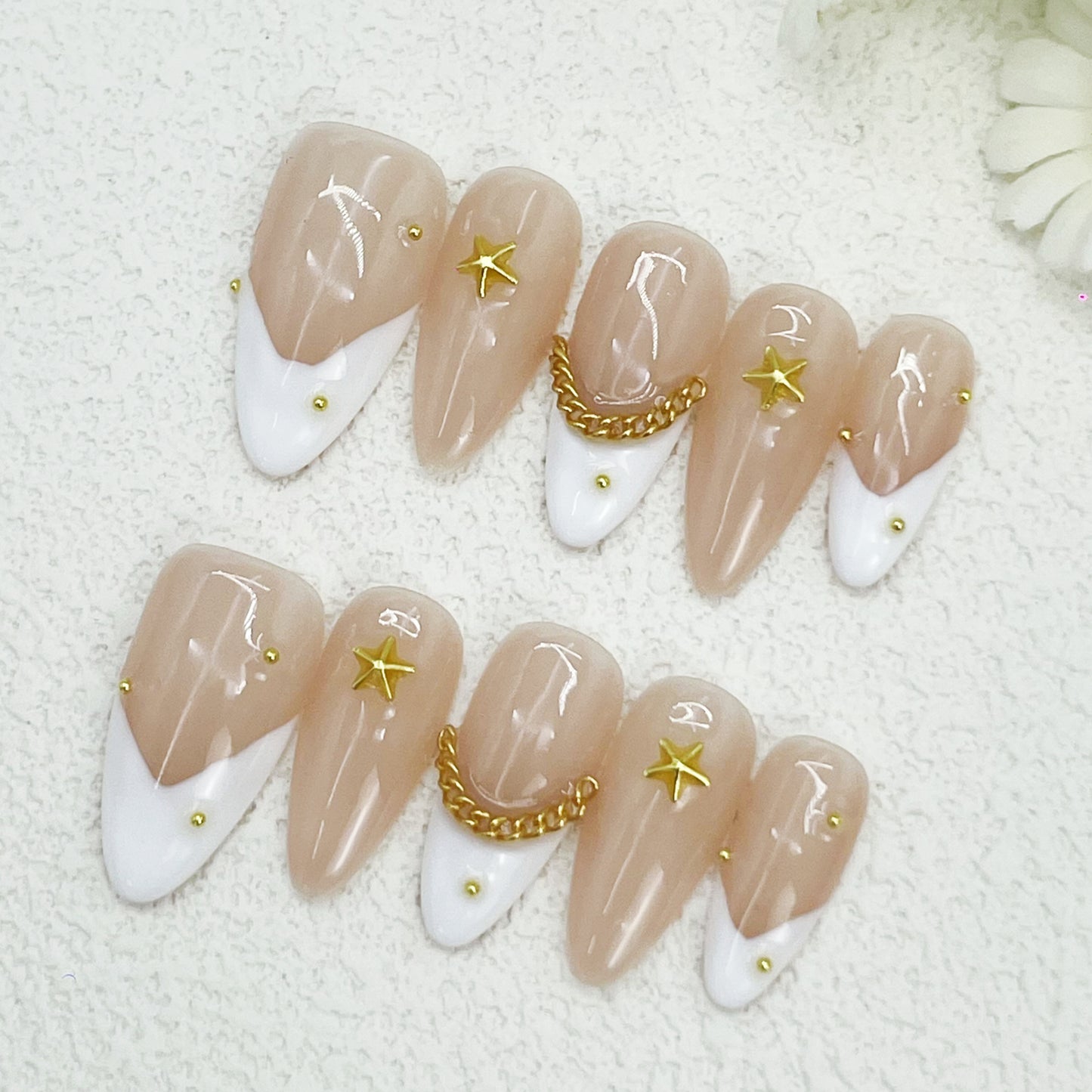 Almond Press-On Nails – Nude Beige & White French Tips with Gold Stars, Chains, and Beads, Glossy Elegant & Edgy Handmade Nails(180)