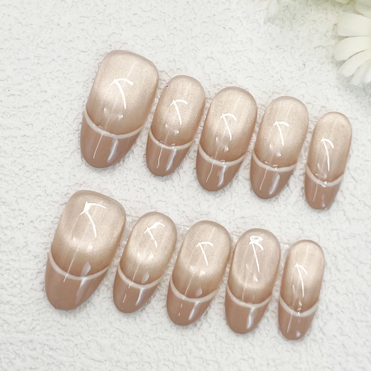 Almond Press-On Nails – Nude Cat Eye with White French Lines, Minimalist & Elegant Classic Handmade Nails(183)