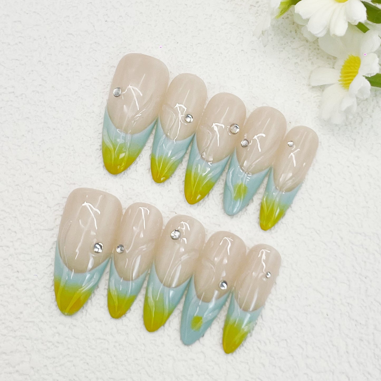 Almond Press-On Nails – Nude Gradient with Hand-Painted Floral Lines & Silver Rhinestones, Fresh Spring Botanical Style(185)