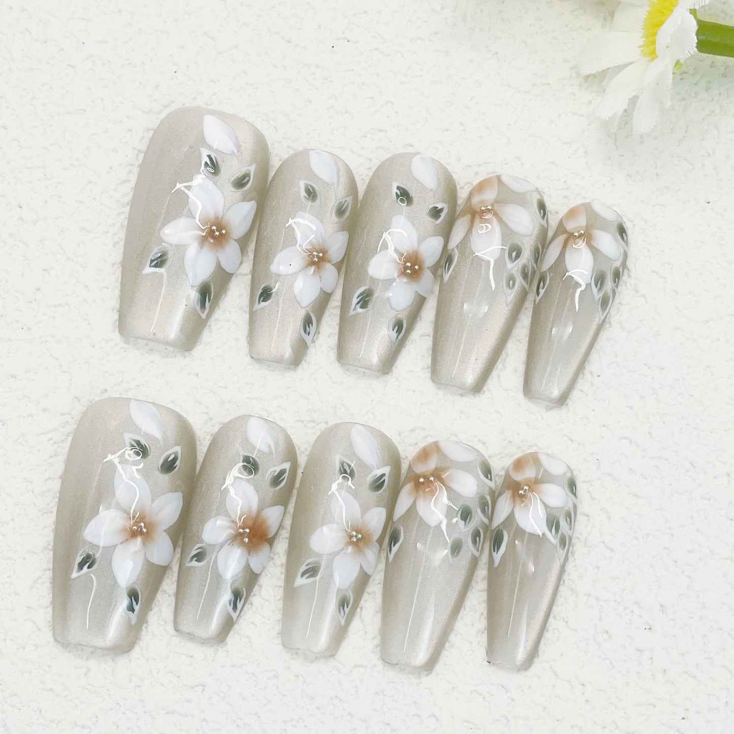 Coffin Press-On Nails – Light Gray with Hand-Painted White Flowers & Green Leaves, Glossy Pastoral Floral Style(186)