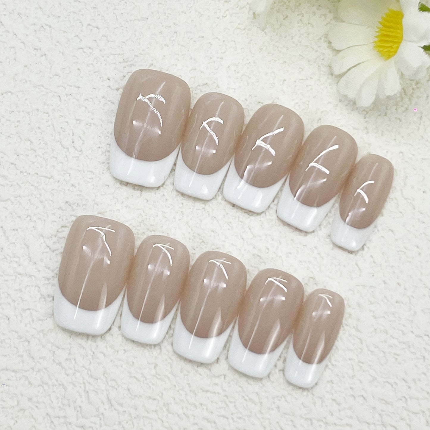 Short Coffin Press-On Nails – Nude & White French Tips with Silver Lines, Classic Minimalist Style, Elegant Everyday Look, Handmade(192)