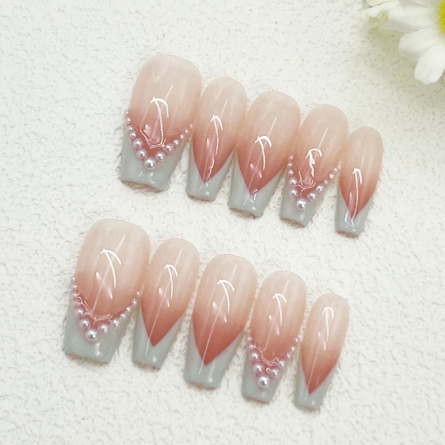Coffin Press-On Nails – Pink to White Gradient with Mint Green and Pearl Accents, Soft Fairycore Style, Handmade(193)
