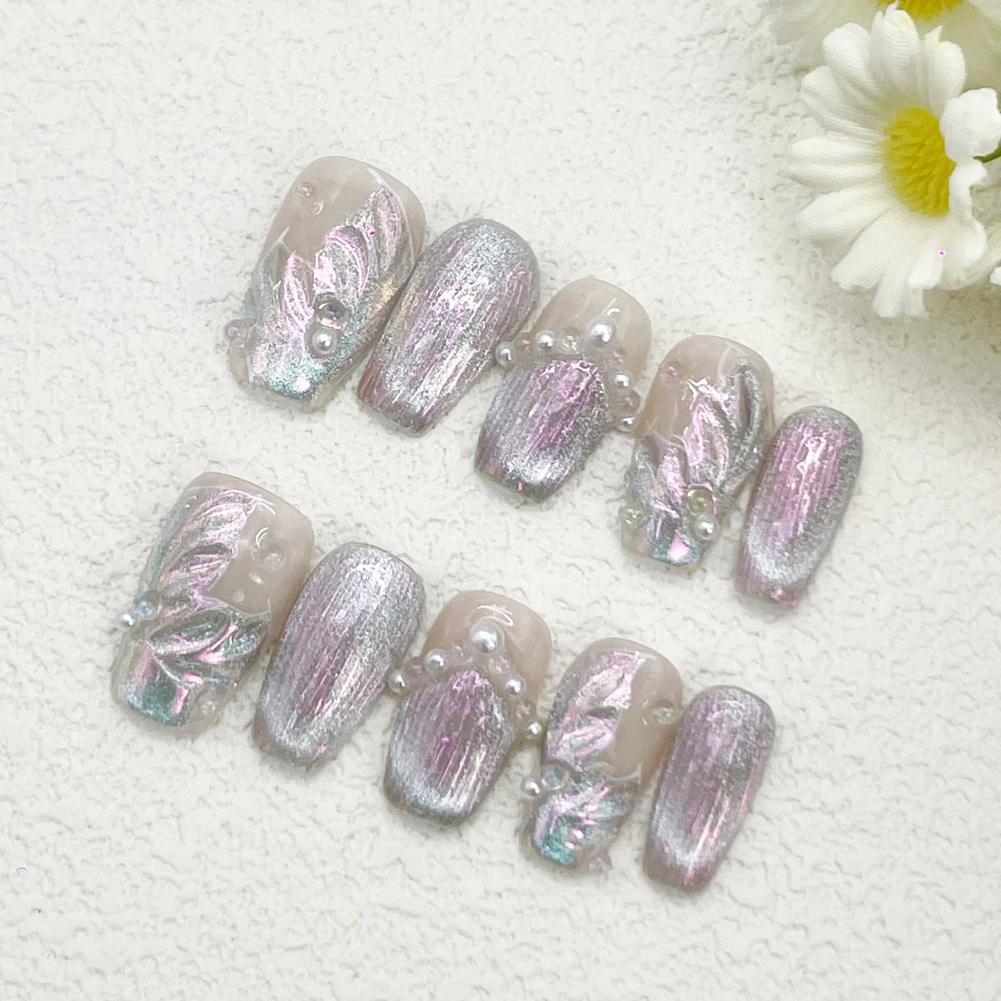 Coffin Press-On Nails – Iridescent Aurora Mermaid Style with 3D Shell Texture and Pearls, Dreamy Handmade High-End Set(194)