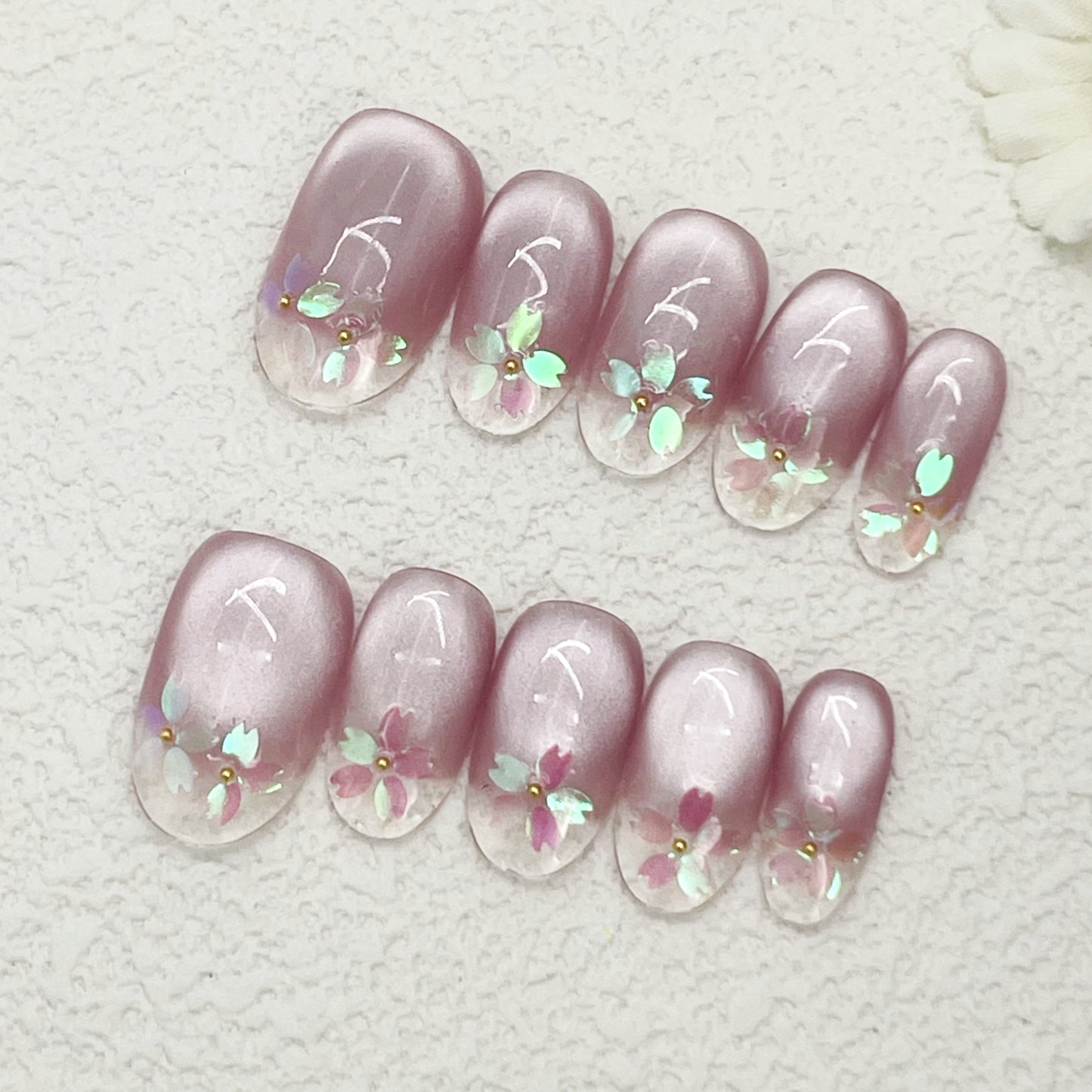 Short Press-On Nails – Pink & White Gradient with Hand-Painted Flowers and Glitter, Sweet Spring Fairy Style, Handmade(195)
