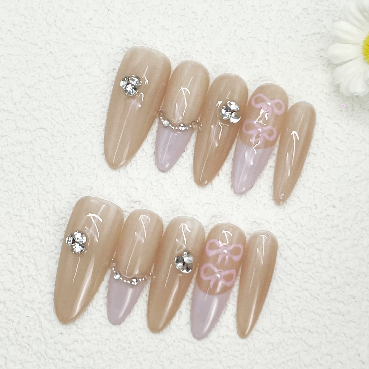 Almond Press-On Nails – Nude & Light Pink with Rhinestones, Chains & Hand-Painted Bows, Sweet Girl Vibes, Handmade(196)