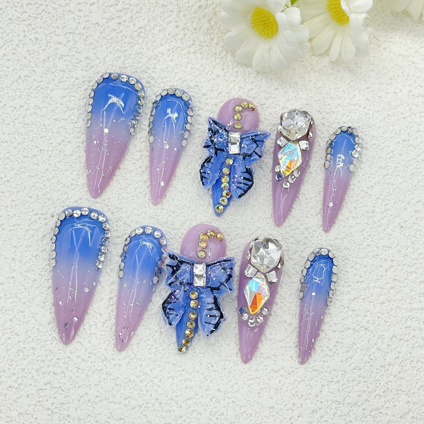 Coffin Press-On Nails – Blue to Purple Gradient with 3D Butterflies, Rhinestones & Chains, Sweet & Edgy Couture Style, Handmade(197)