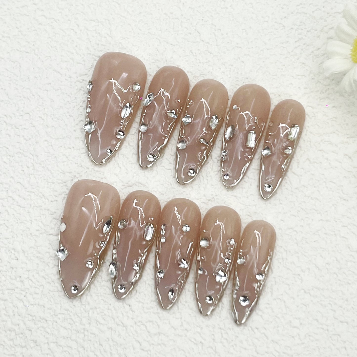 Almond Press-On Nails – Nude Base with Metallic Accents & Diamonds | Luxe Glam & Effortless Chic(201)
