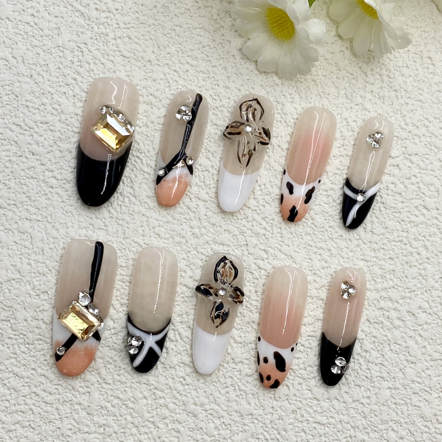 Almond Couture Press-On Nails – Luxe Nude & Leopard Mix with Metallic Accents | Handcrafted Elegance(204)
