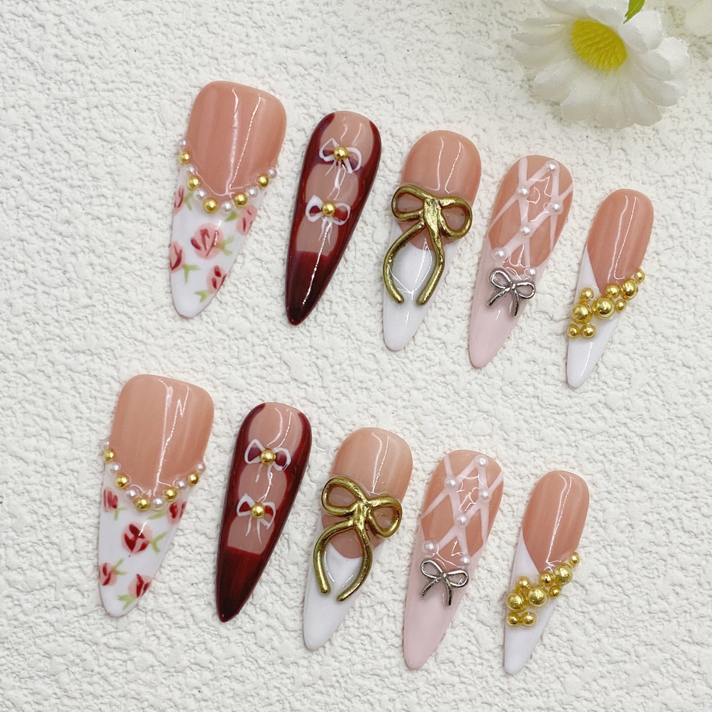 Stiletto Royal-Chic Press-On Nails – Blush & Wine Floral with Pearls & Bows | Handcrafted Fairytale Elegance(206)