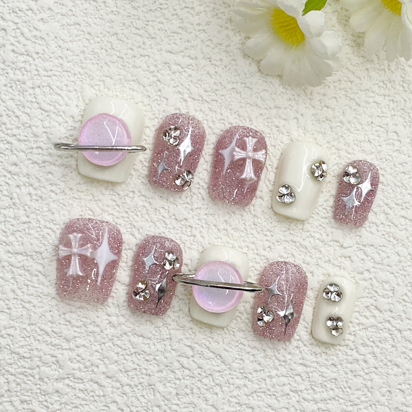 Short Sweet-Edge Press-On Nails – Pink & White with Crosses & Diamonds | Handmade Chic Contrast(208)