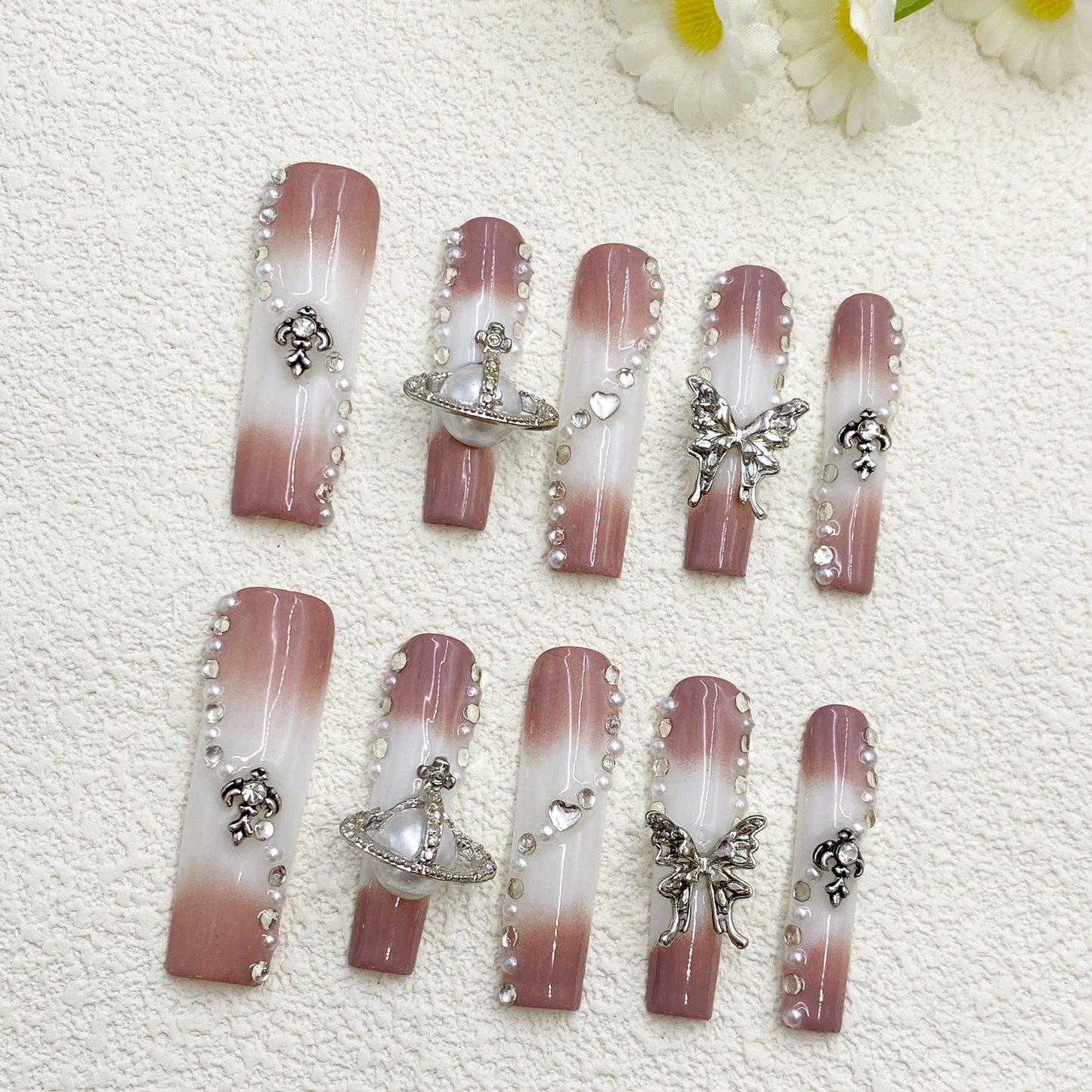 Long Square Press-On Nails – Pink to White Gradient with Pearls, Butterflies & Saturn Charms, Sweet & Cool Handmade Couture Style(210)