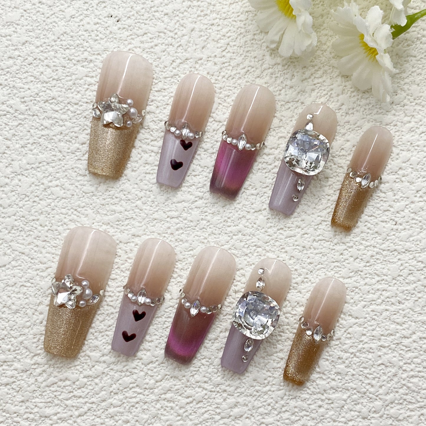 Long Coffin Press-On Nails – Nude Pink Gradient with Chains, Rhinestones, Hearts & Color Blocks, Sweet & Glam Handmade Statement Set(214)