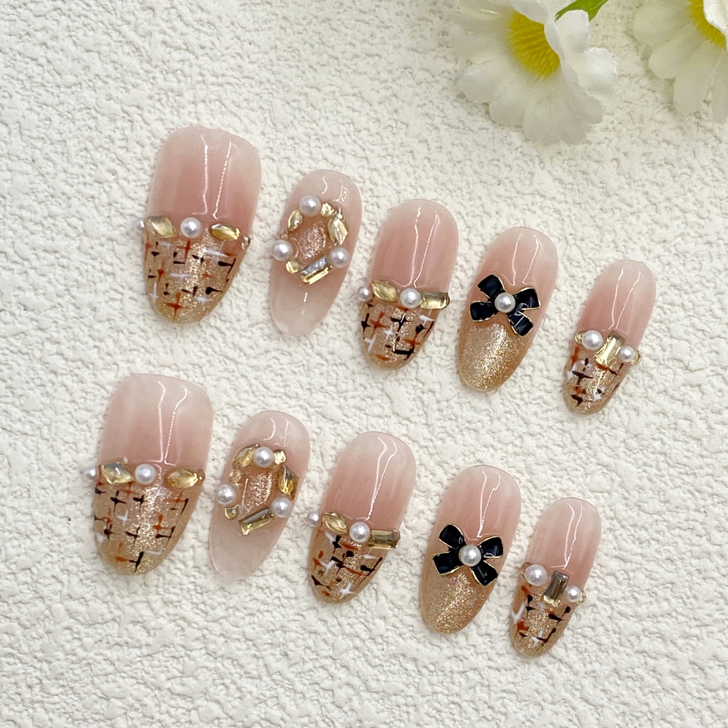 Long Almond Press-On Nails – Nude Pink with Plaid, Pearls, Bows & Gold Accents, Elegant Chanel-Inspired Style, Handmade Luxury Set(217)