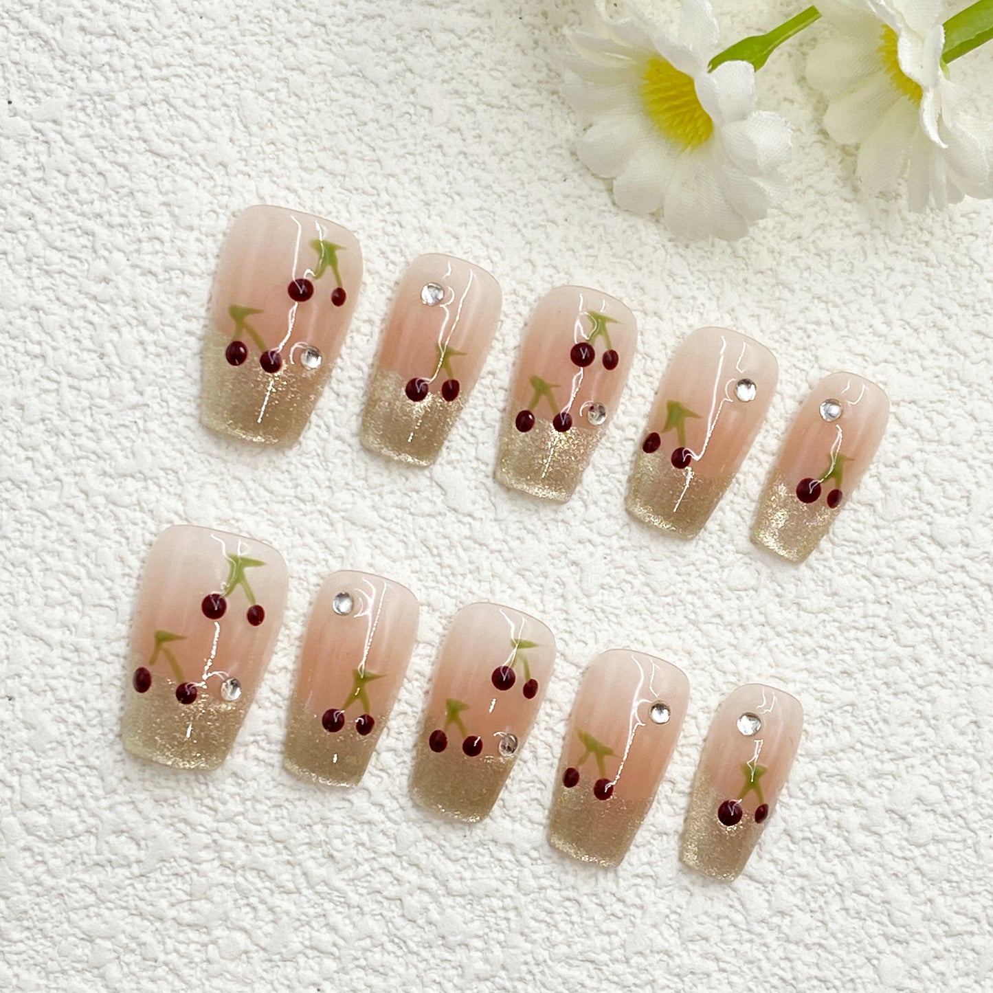 Long Coffin Press-On Nails – Nude Pink Gradient with Hand-Painted Cherries, Gold Glitter & Rhinestones, Summer Sweet Cherry Style, Handmade(220)