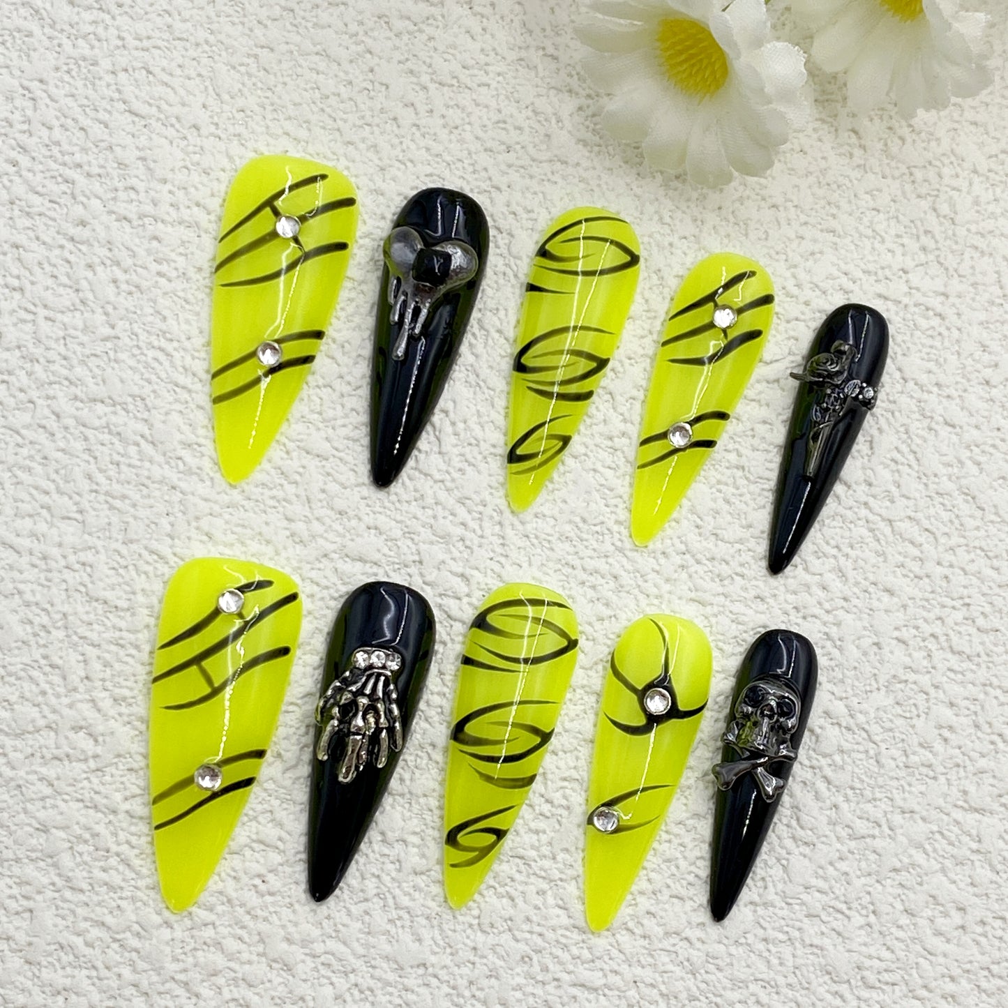 Long Stiletto Press-On Nails – Neon Yellow & Black with Skull & Skeleton Charms, Punk Rock Vibe, Handmade Gothic Nail Set(221)