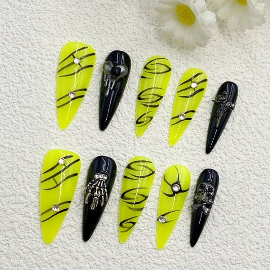 Long Stiletto Press-On Nails – Neon Yellow & Black with Skull & Skeleton Charms, Punk Rock Vibe, Handmade Gothic Nail Set(221)