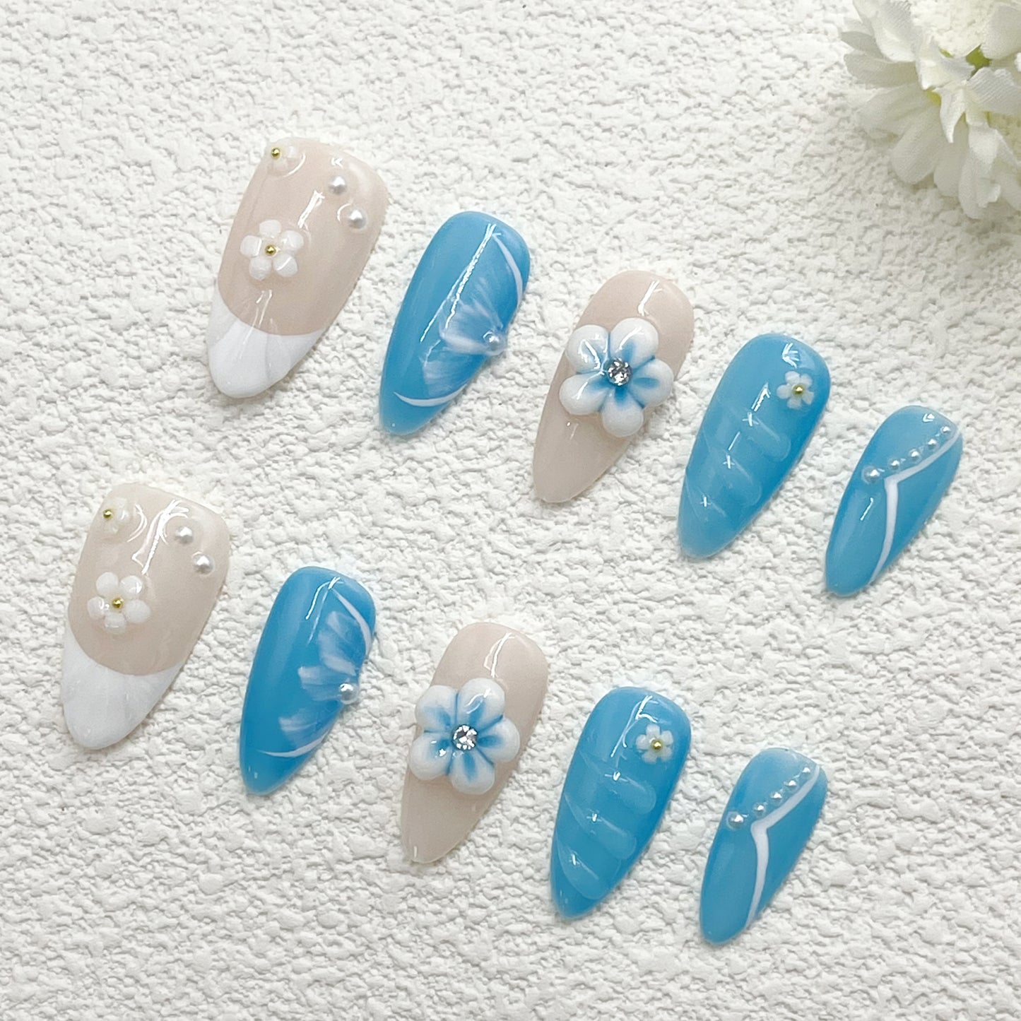 Cute Floral Press On Nails – Pink and Blue with 3D Blossoms, Bow Charms & Sparkle Details(228)