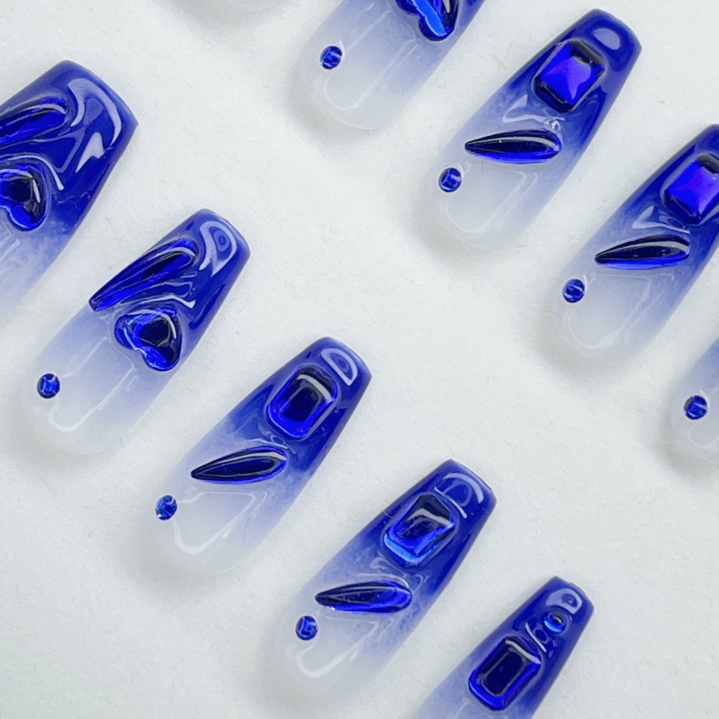 Blue Gradient Medium Long Coffin Nails with 3D Heart Gel Accents, Handmade - Perfect for Bold and Romantic Styles(23)
