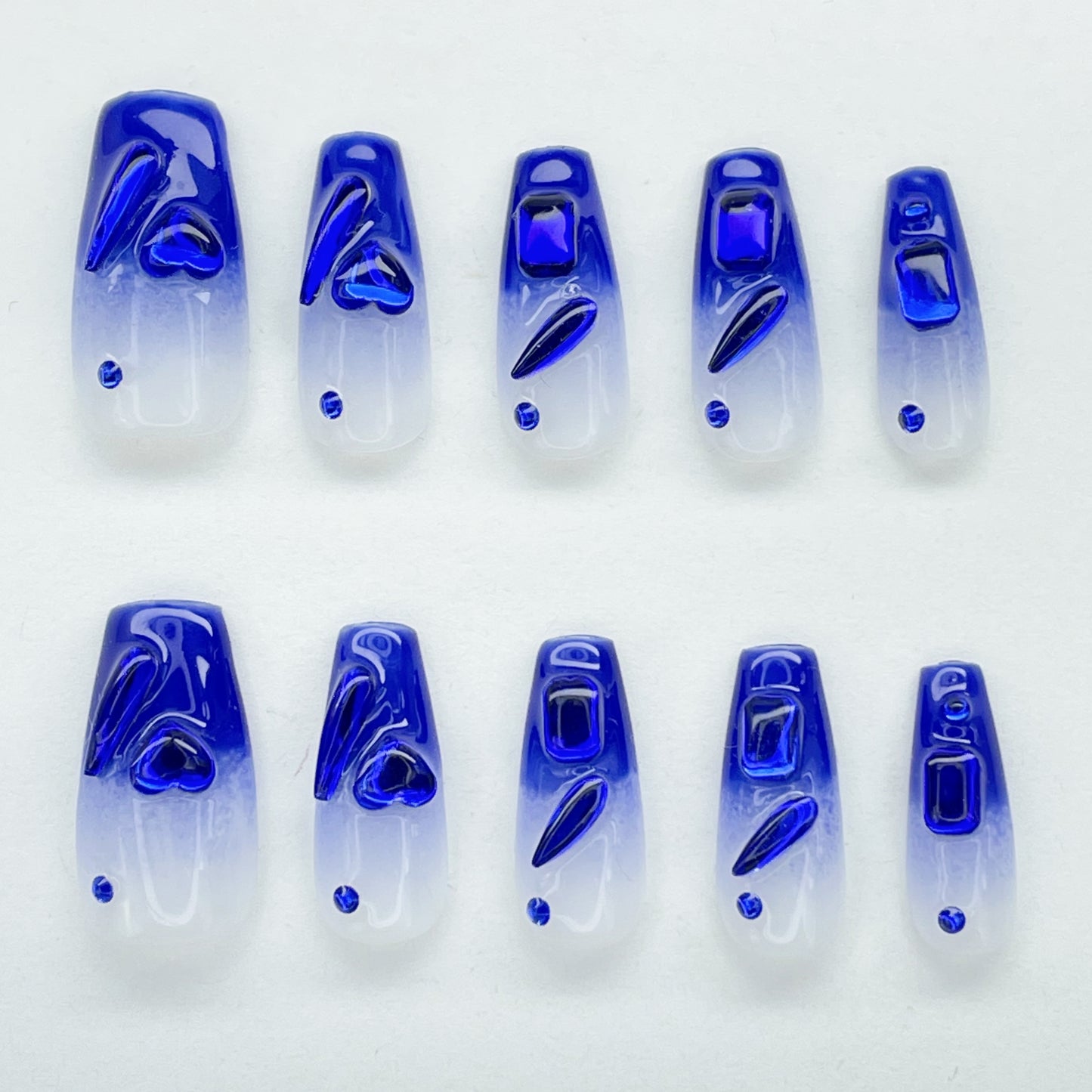 Blue Gradient Medium Long Coffin Nails with 3D Heart Gel Accents, Handmade - Perfect for Bold and Romantic Styles(23)