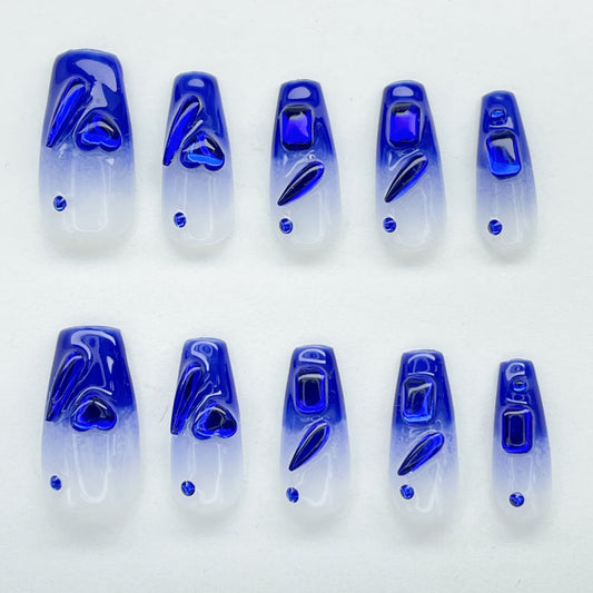 Blue Gradient Medium Long Coffin Nails with 3D Heart Gel Accents, Handmade - Perfect for Bold and Romantic Styles(23)
