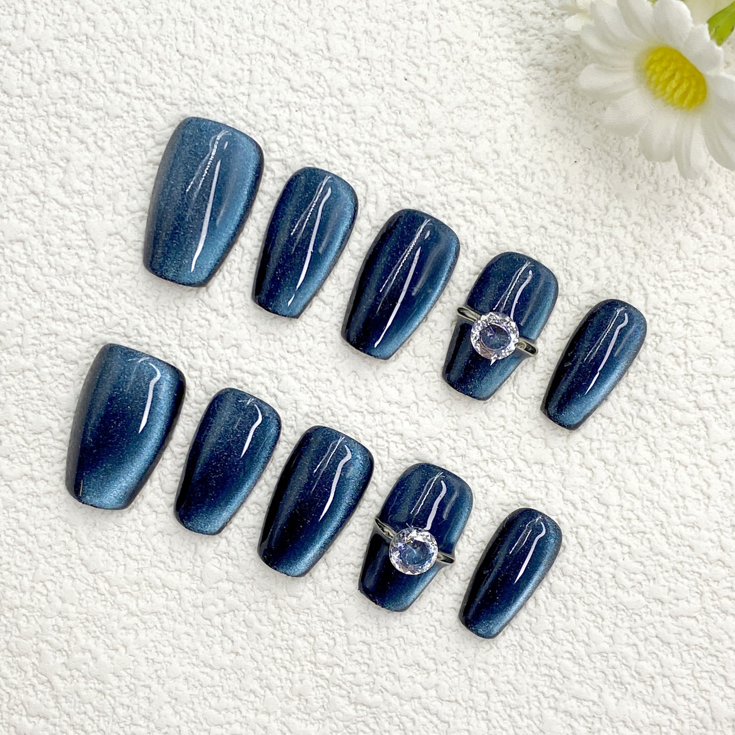 Starry Night Press On Nails – Navy Blue Ombre with White Sparkle & Glam Rhinestone Accents(231)