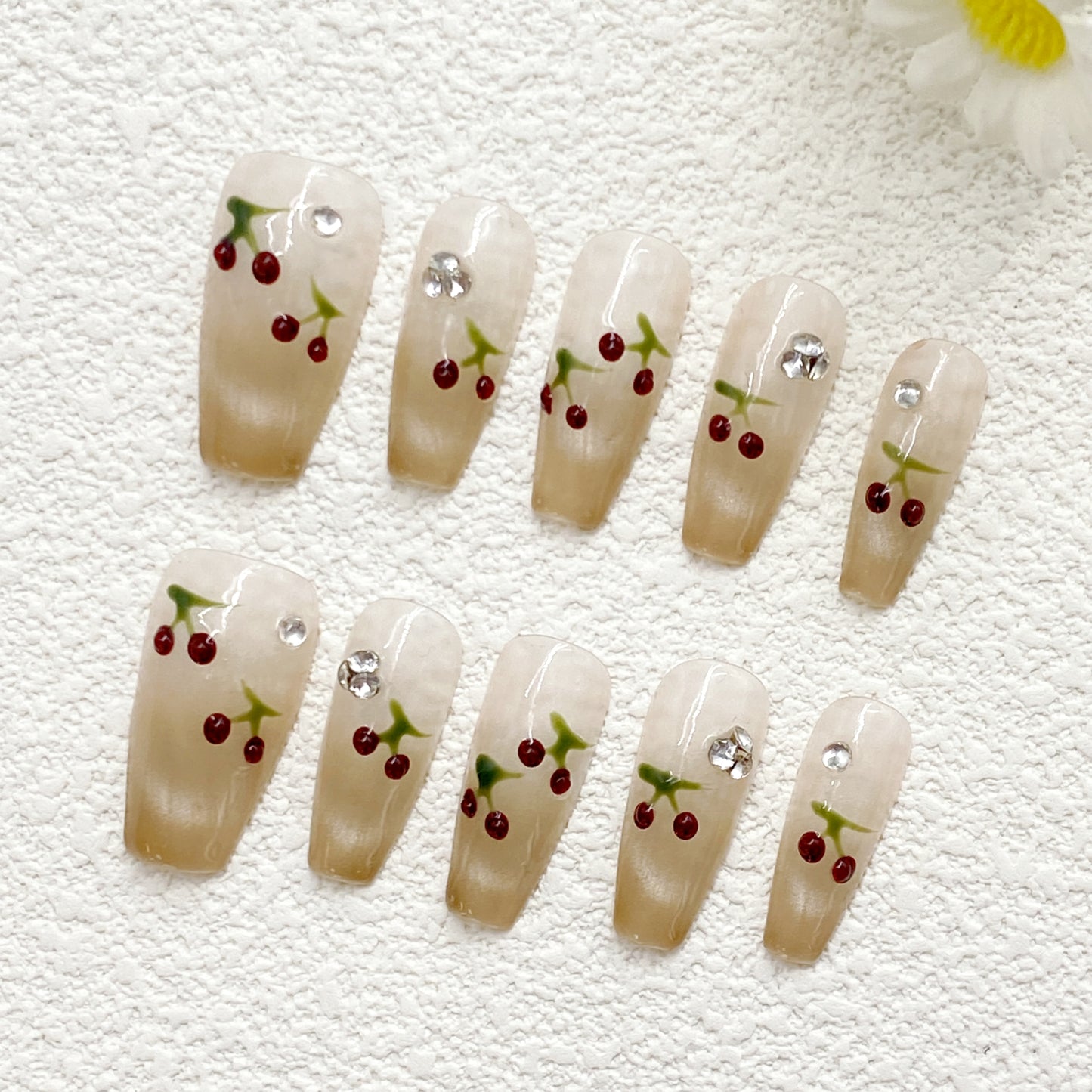 KETOR Handmade Cherry Press On Nails – Reusable Nude Fake Nails with Red Fruit Design & Rhinestone Accents(242)